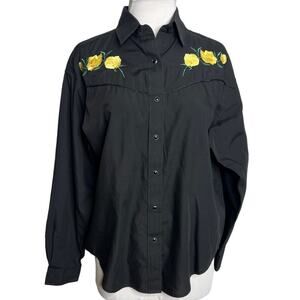 VINTAGE White Horse embroidered yellow rose western snap down shirt black sz M